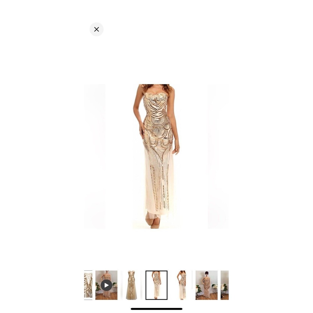 Angel Fashions Strapless Gold Sequin Beaded Long Gown Dress Women Size L